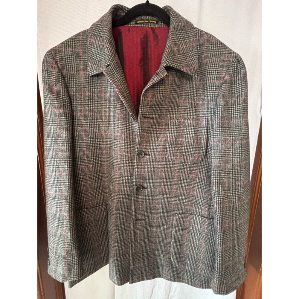 Men's American Chang Blazer Size 44 Gray Plaid Wool